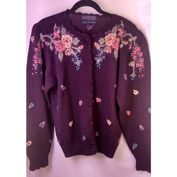 VTG Herman Geist Hand Embroidered Cardigan Sweater Sz Medium Aubergine Cottage - Picture 3 of 7